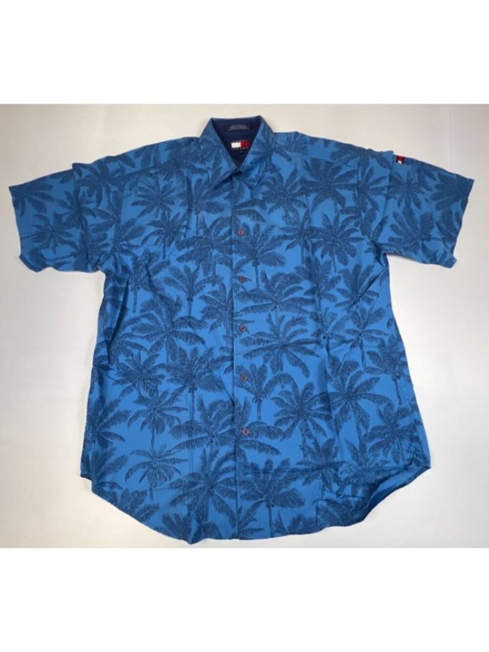 Vintage 90s Tommy Jeans Palm Tree Hawaiian Shirt Mens L Blue Cotton Button Up